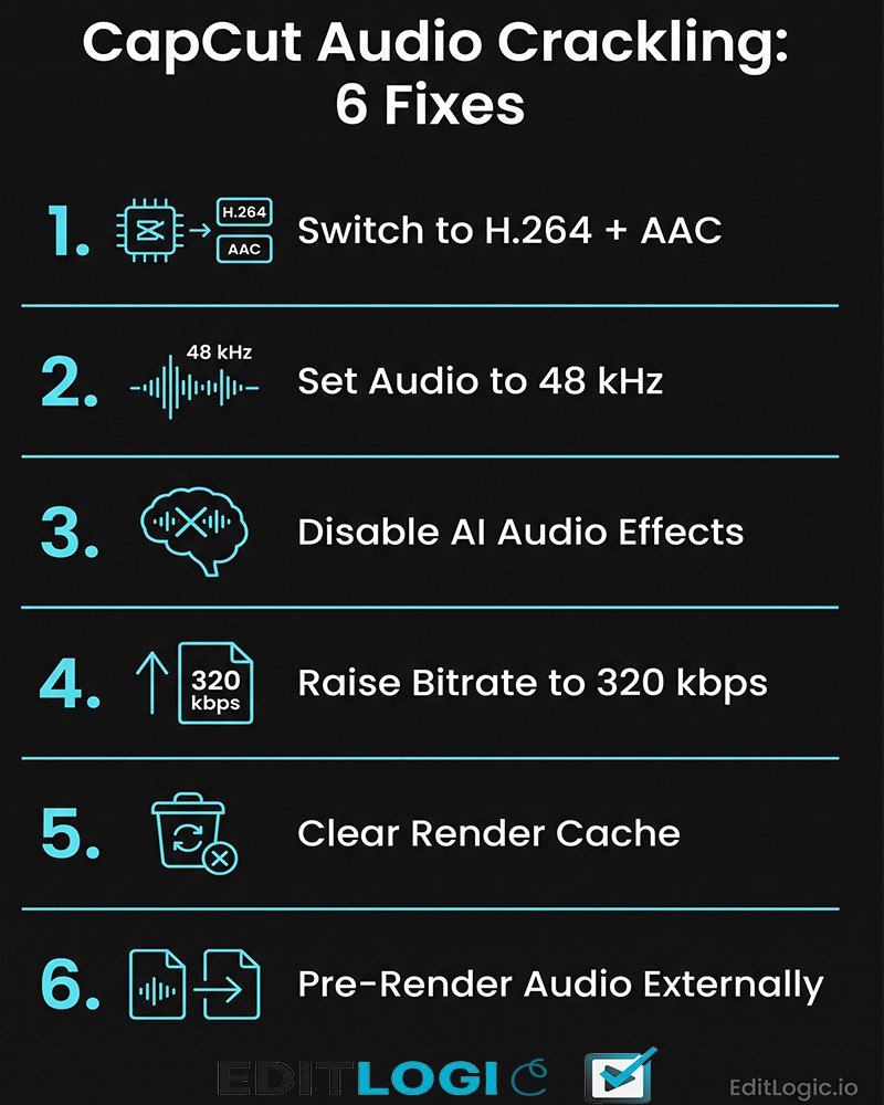 CapCut audio crackling on export — 6 fixes including H.264 codec switch, 48 kHz sample rate, disabling AI audio effects, raising bitrate to 320 kbps, clearing render cache, and pre-rendering audio externally