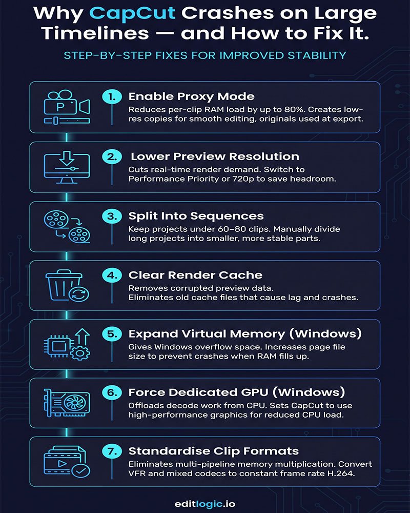 Infographic showing 7 fixes for CapCut crashing on large timelines, covering proxy mode, preview resolution, project splitting, cache clearing, virtual memory, GPU assignment, and clip format standardisation for CapCut Desktop editors.