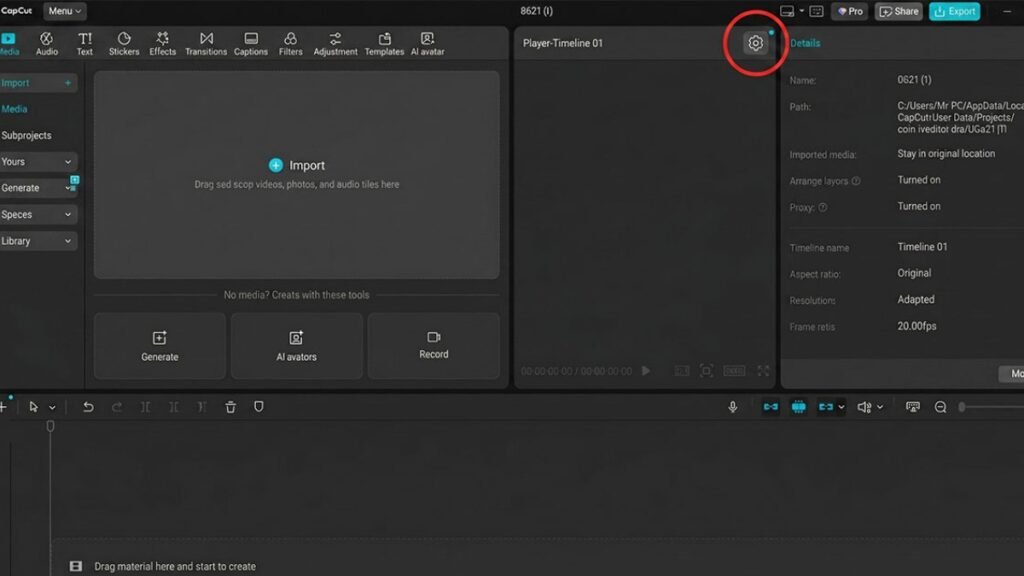 setting button of capcut