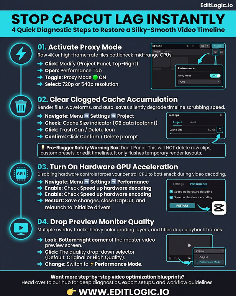 Infographic flowchart showing 4 steps to fix CapCut desktop lagging including proxy mode, cache clearing, GPU acceleration, and preview performance settings