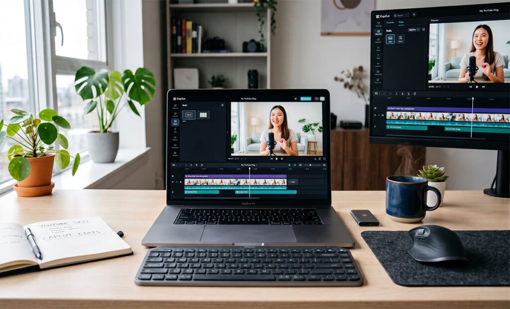 laptop showing capcut video editing for youtube