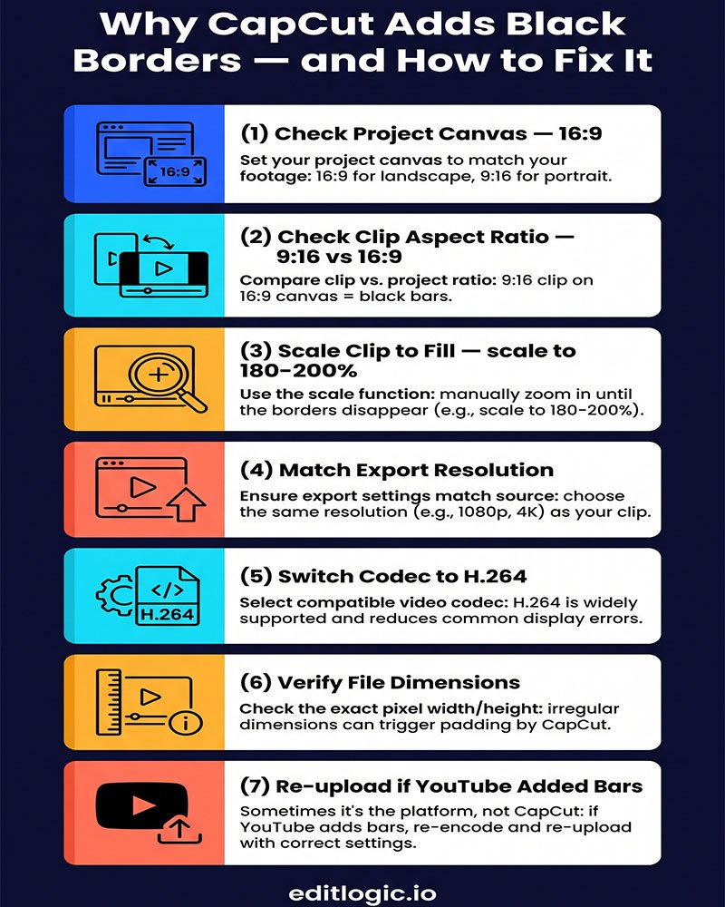 Infographic showing 7 steps to fix CapCut adding black borders to YouTube videos, covering canvas size, clip aspect ratio, scale settings, export resolution, codec selection, file verification, and YouTube processing for CapCut Desktop editors.