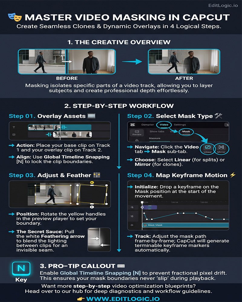 Infographic flowchart showing 4 steps for CapCut video masking including overlaying clips, choosing mask types, feathering edges, and keyframing motion