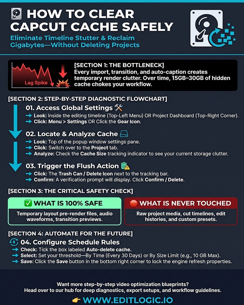 Infographic flowchart showing 4 steps to clear CapCut desktop cache safely including accessing global settings, reading cache size, triggering safe deletion, and configuring auto-deletion schedules