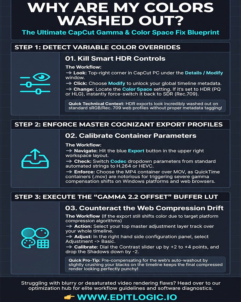 Infographic showing a 3-step color space calibration blueprint to fix washed-out export colors and gamma shift anomalies in CapCut Desktop by overriding HDR settings, using H.264 MP4 containers, and balancing contrast adjustments