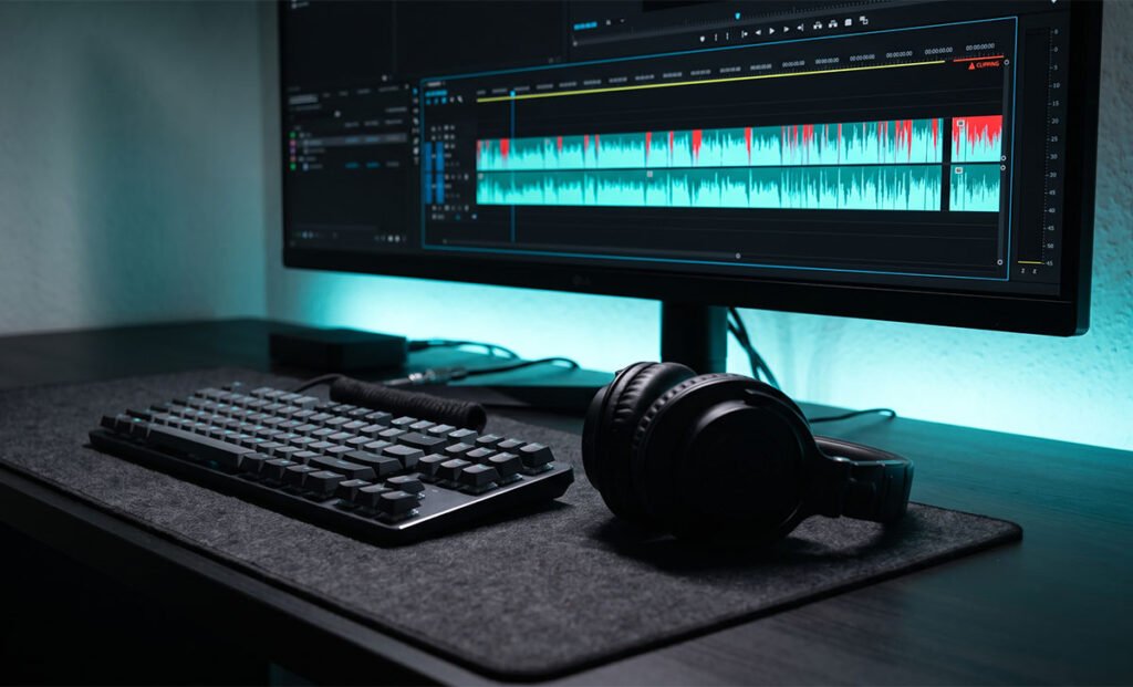 CapCut Desktop timeline showing audio waveform clipping with red peak indicators on a dark monitor with cyan lighting