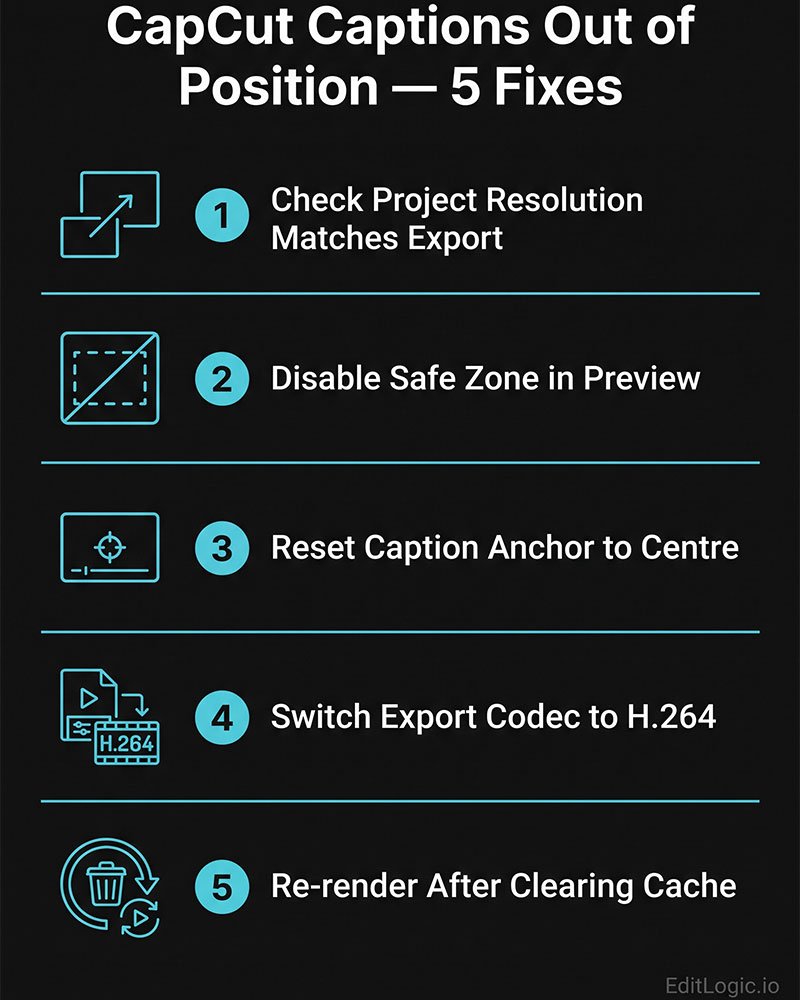 Infographic showing 5 fixes for CapCut captions appearing out of position after export — resolution match, safe zone, anchor reset, H.264 codec, and cache clear