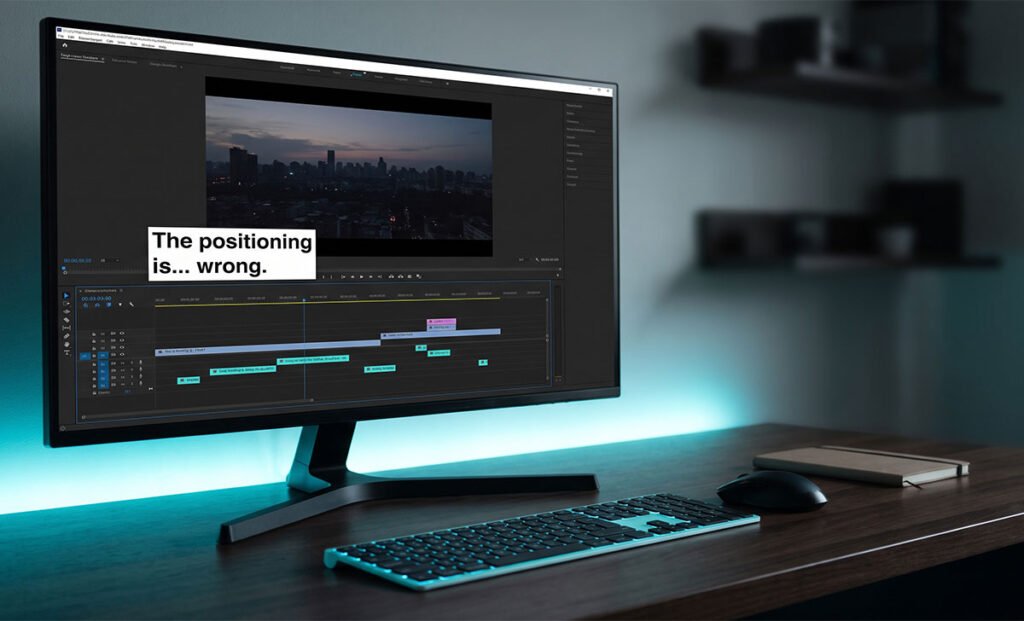 CapCut Desktop timeline showing caption text blocks misaligned on exported video footage on a dark monitor