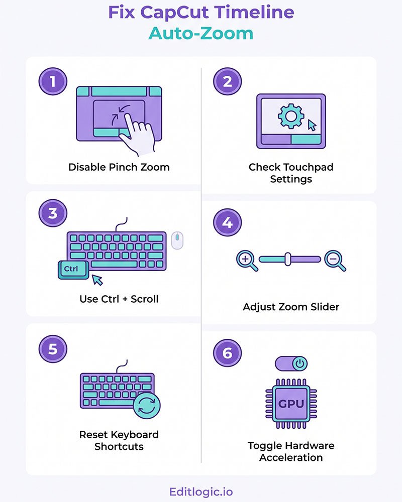 Infographic showing six steps to stop CapCut's timeline from zooming in and out on its own, including trackpad settings, Ctrl key check, and hardware acceleration toggle