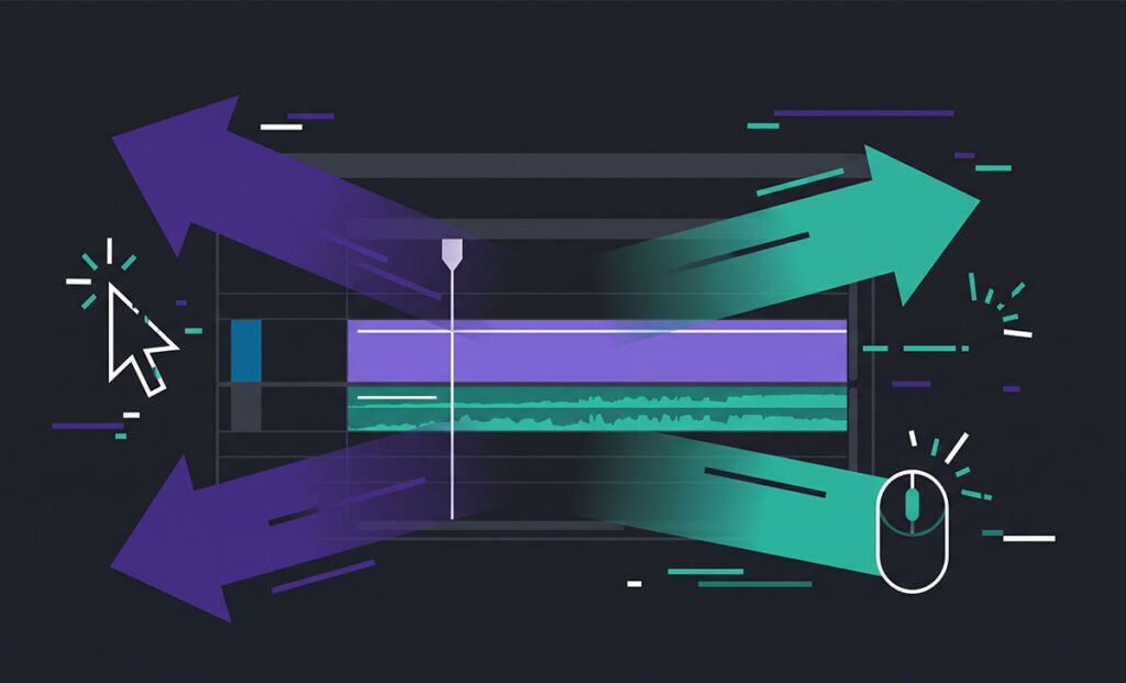 Illustration of a video editing timeline zooming in and out unexpectedly, representing the CapCut timeline zoom glitch
